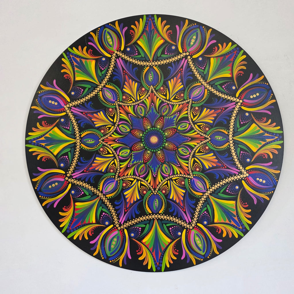 Handgeschilderde Mandala – Fluorescerende Reis (60 cm)