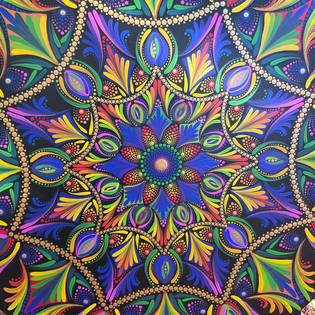 Handgeschilderde Mandala – Fluorescerende Reis (60 cm)
